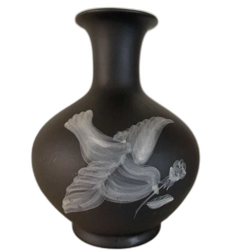 Vintage Black Glaze Pottery Jasperware Bird Dove Flower Hand Painted Vase 6.5"